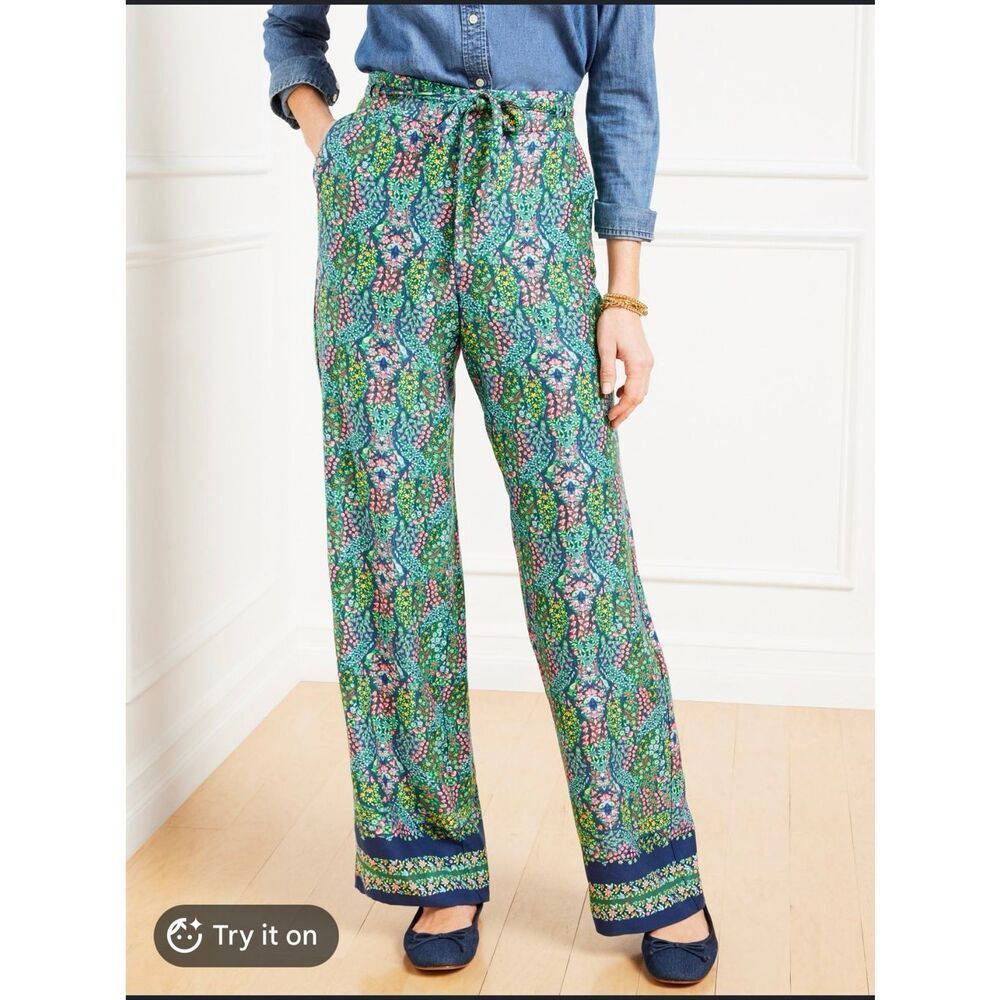 Talbots NWT Branching floral wide leg pull on pants L